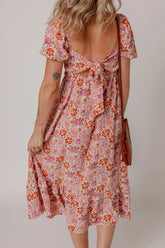 Floral Square Neck Knotted Ruffle Midi Dress OutfitFlow